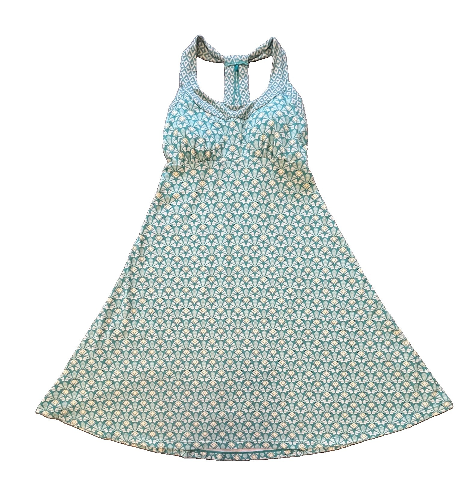Prana Cali Dress Racerback Shelf Bra Teal Geometric Outdoor Tennis Pickleball XS