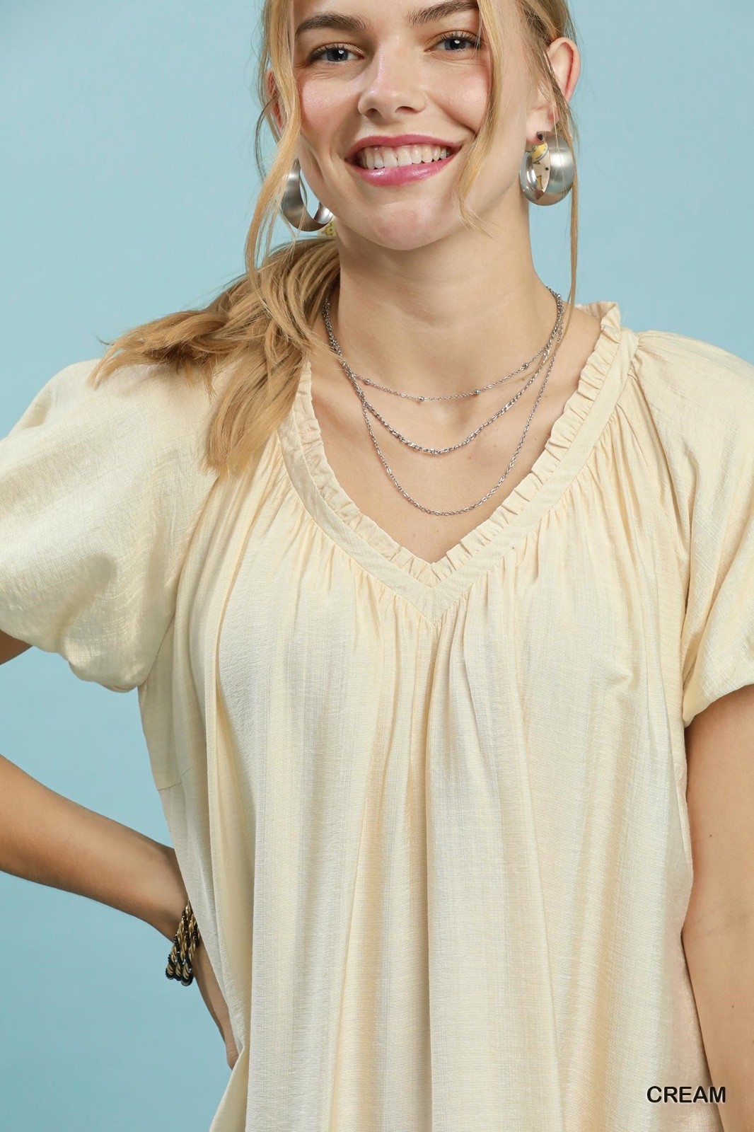 Umgee Ruffle Hem Shift Mini Dress Cream V Neck Boho Babydoll Women’s NWT