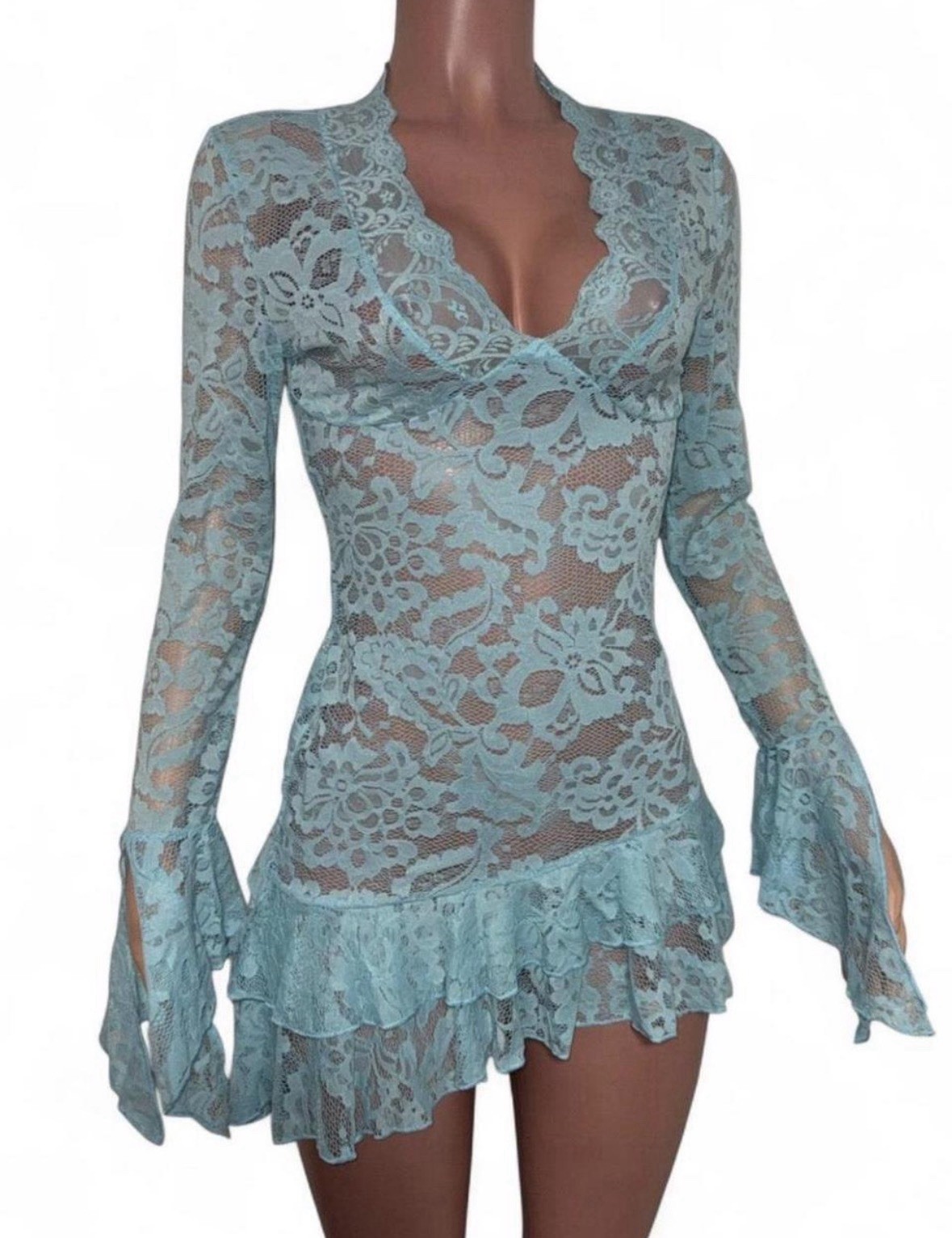 Sexy Baby Blue Lace Ruffled Micro Mini Dress XS See-thru Bodycon New Going Out