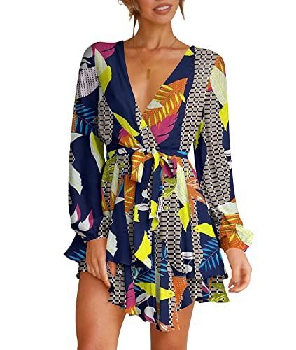 Womens Long Sleeve Dress Deep V-Neck Tie Waist Cocktail Dresses Navy L