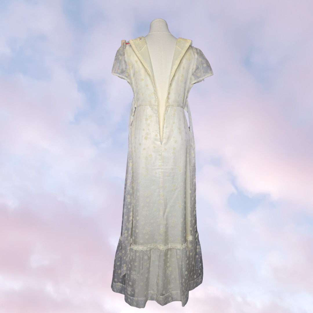 60s 70s Vtg Long Maxi Prairie Cottage Cream Floral Ruching Frill Dress Sz 9 / 10