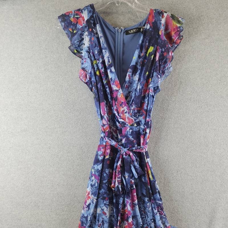 Lauren Ralph Lauren Print Ruffle-Trim Crinkle Georgette Gown Womens 4 Blue Multi