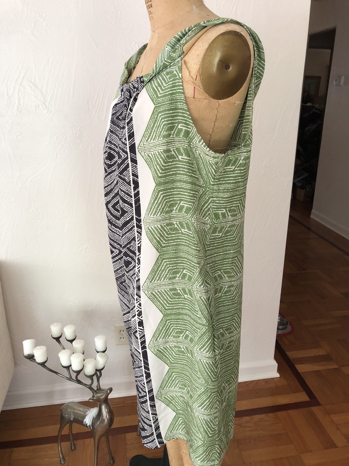 Green Black Tiki Chevron on White Silk BANANA REPUBLIC Shift Tank Dress XL NWT