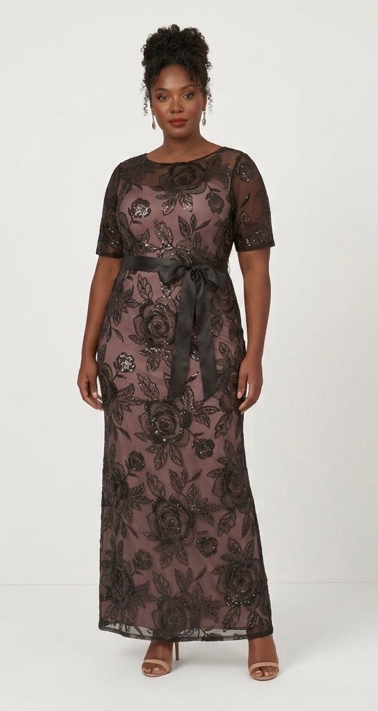 Adrianna Papell Studio Sequined Lace Gown Black Nude Dress Plus 24W NWT Belt