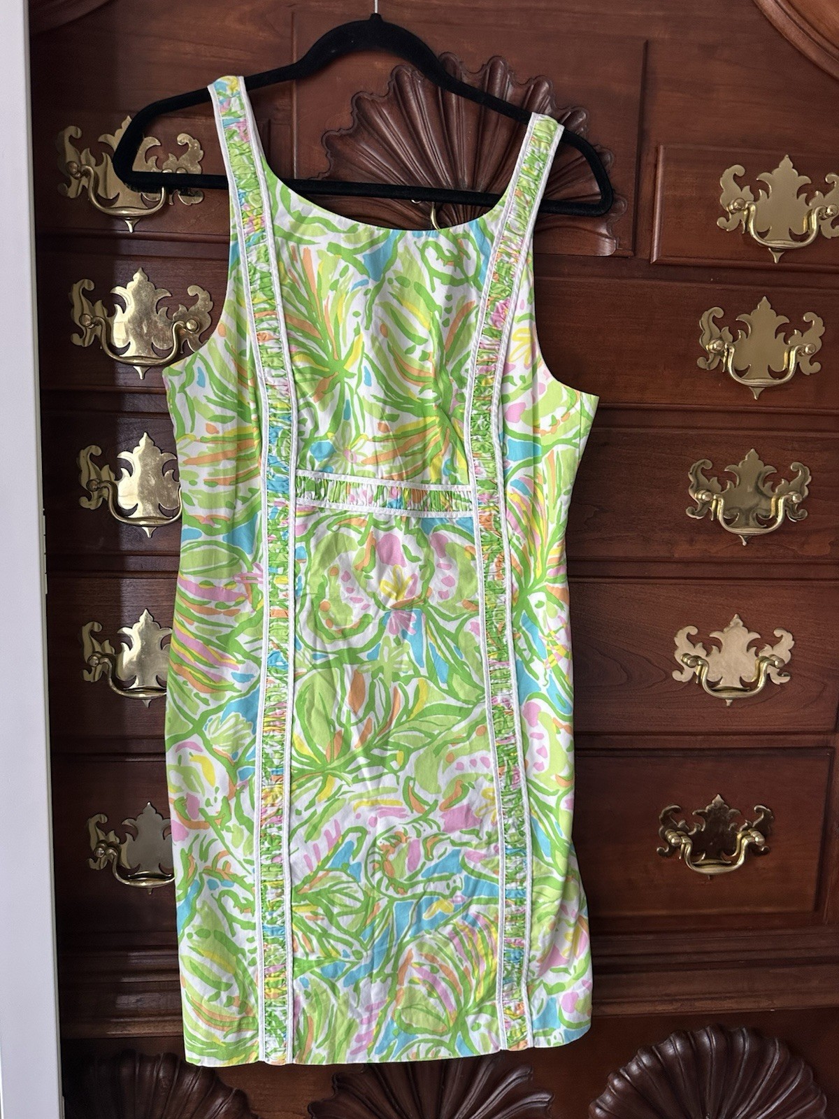 Green Pink Blue White Floral Sheath Dress Sleeveless Square Neck Lined Zip 8