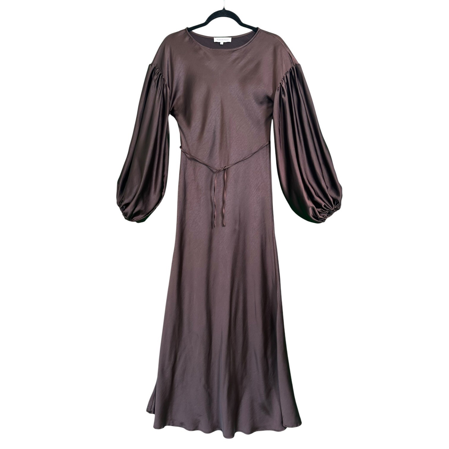 WeWoreWhat Maxi Dress Balloon Sleeve Satin Charmeuse Tie Waist Brown 2 Boho Chic