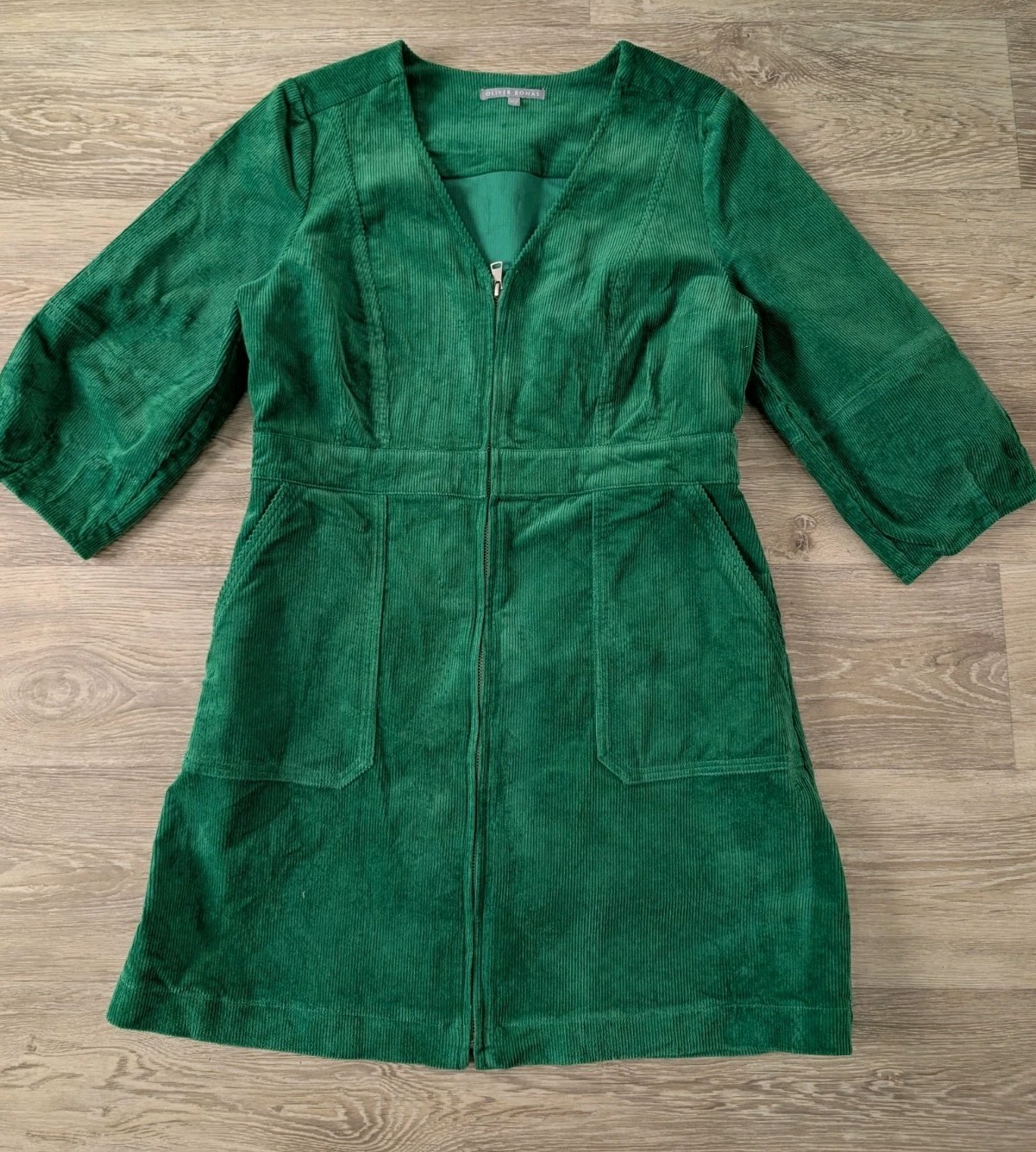 Oliver Bonas Green Corduroy V-Neck Mini Dress UK Size 10