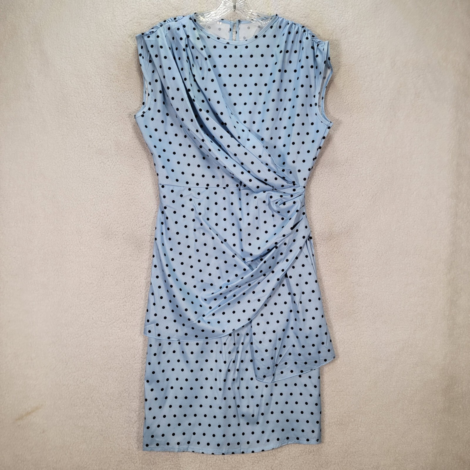 Sky Blue Polka Dot Stretch Pleated Mock Wrap Sheath Elegant Women Dress Size S
