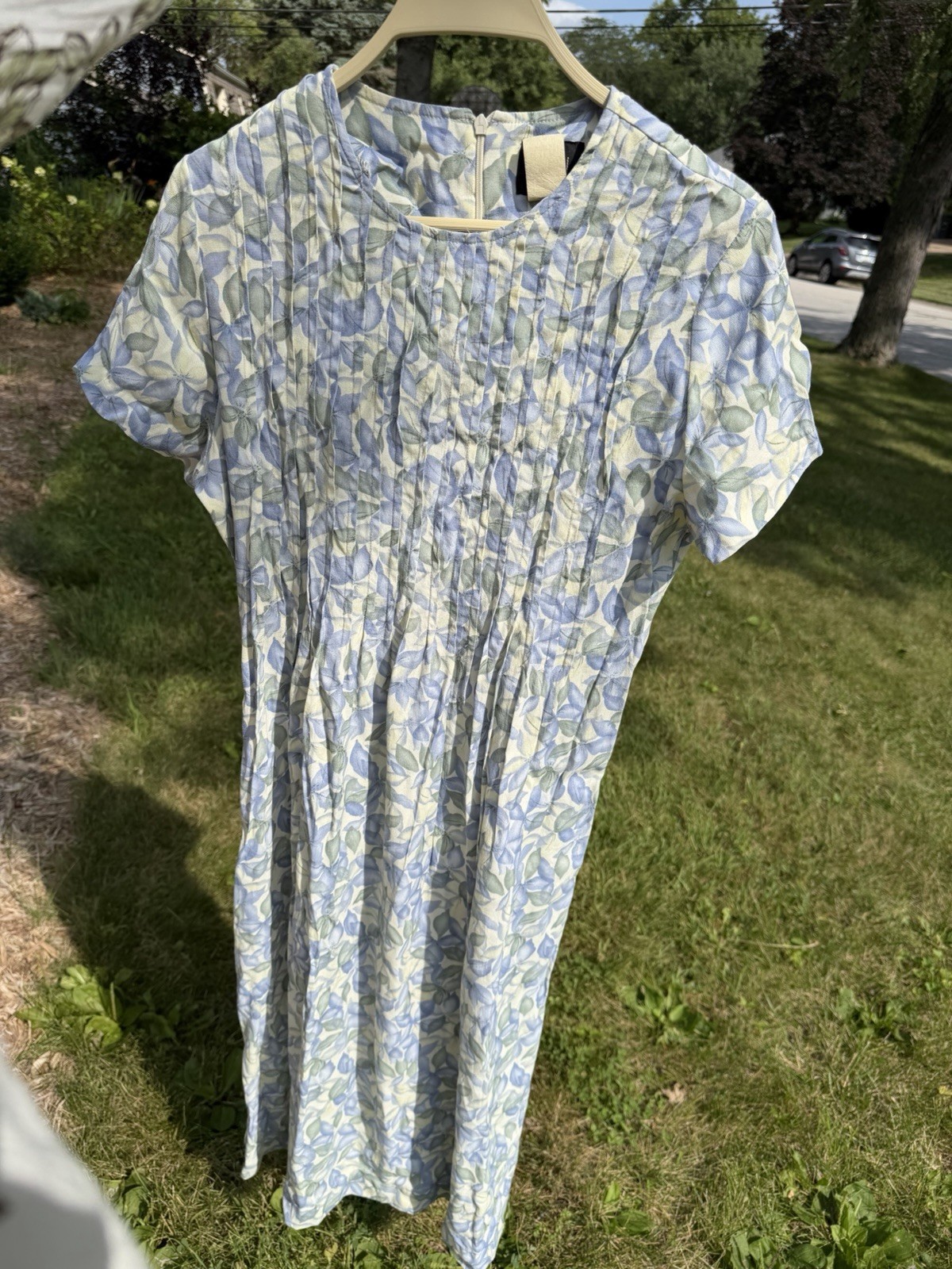 Vintage Women’s Teddi Hydrangea Pastel Blue/ Yellow Pleated Midi Dress Size 10P