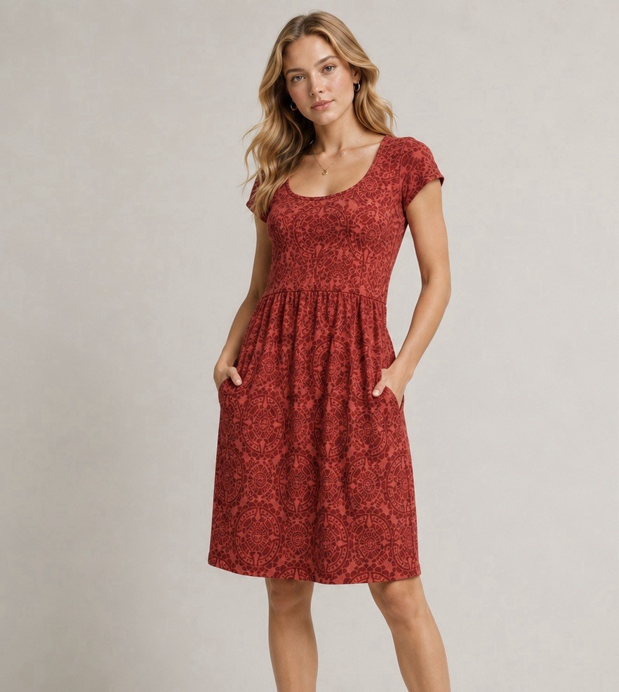 Sonoma Life + Style Women Rust Red Printed Knee Length Dress Short Sleeve M