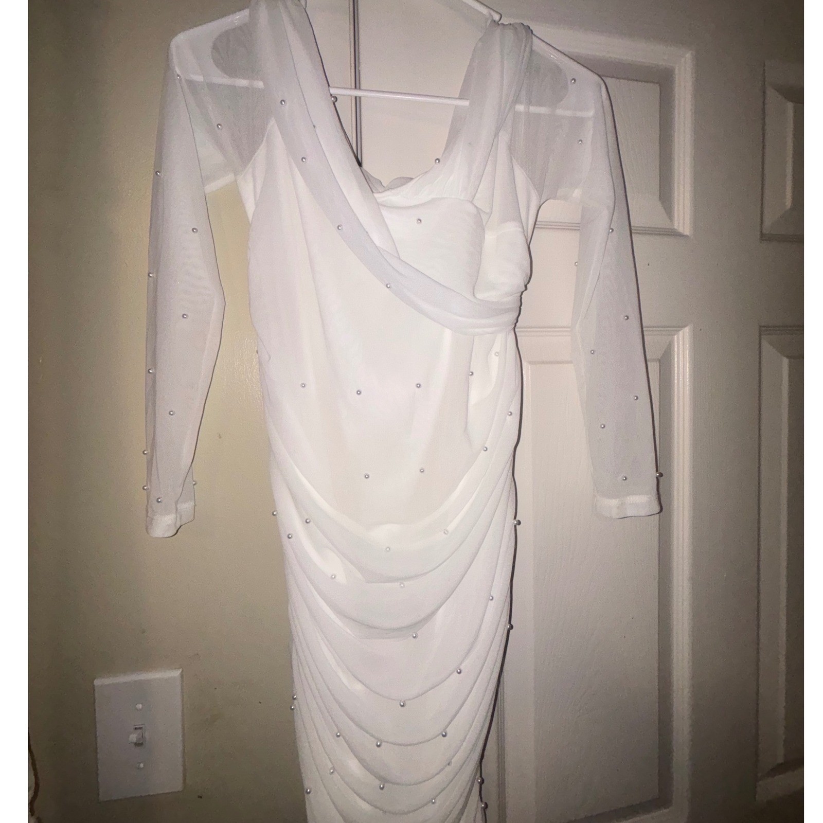 SHEIN White Ruched Pearl Embellish Mesh Long Sleeve Cowl Neck Bodycon Dress S 4