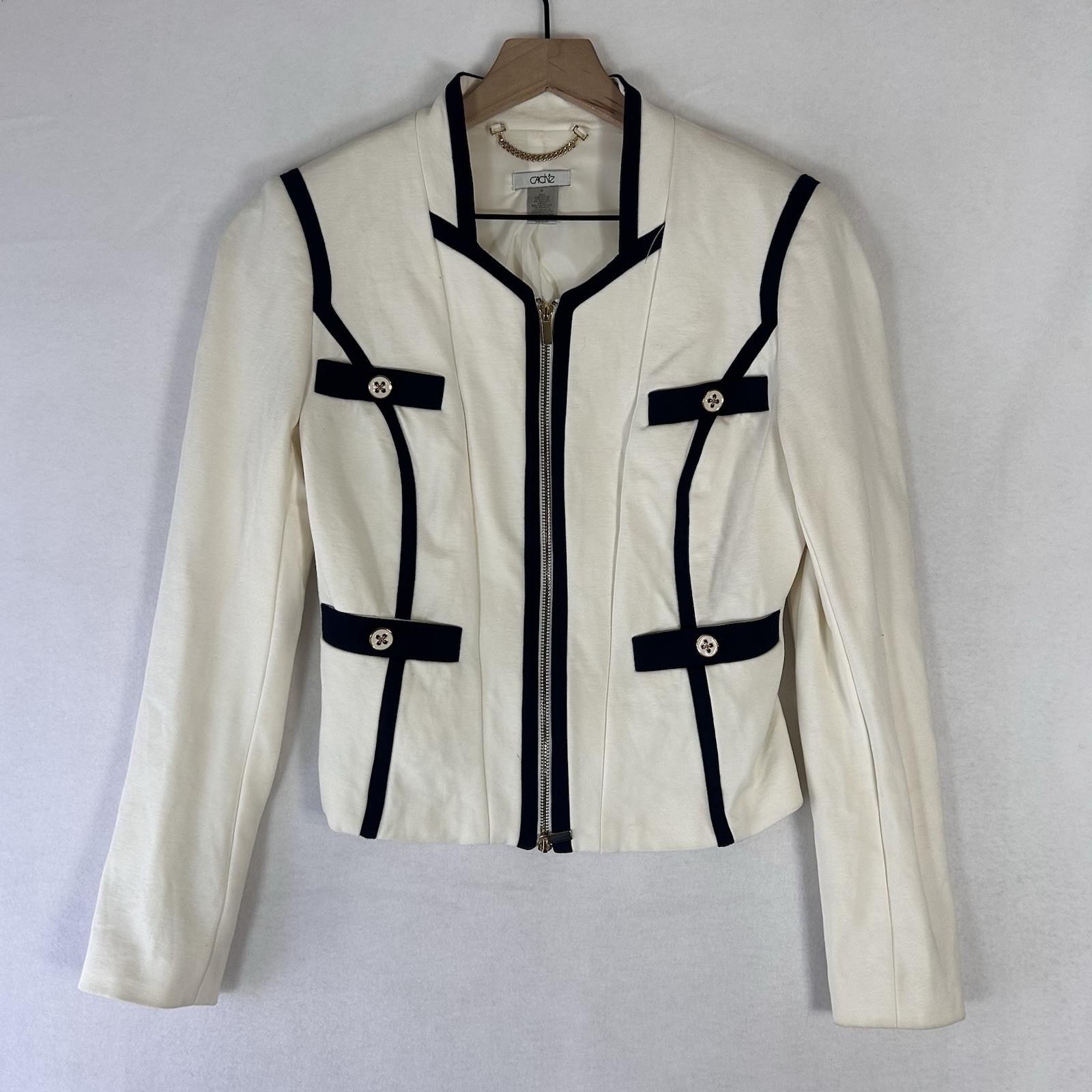 Cache Womens Blazer Size 4 White Black Trim Zip Cropped Military Jacket