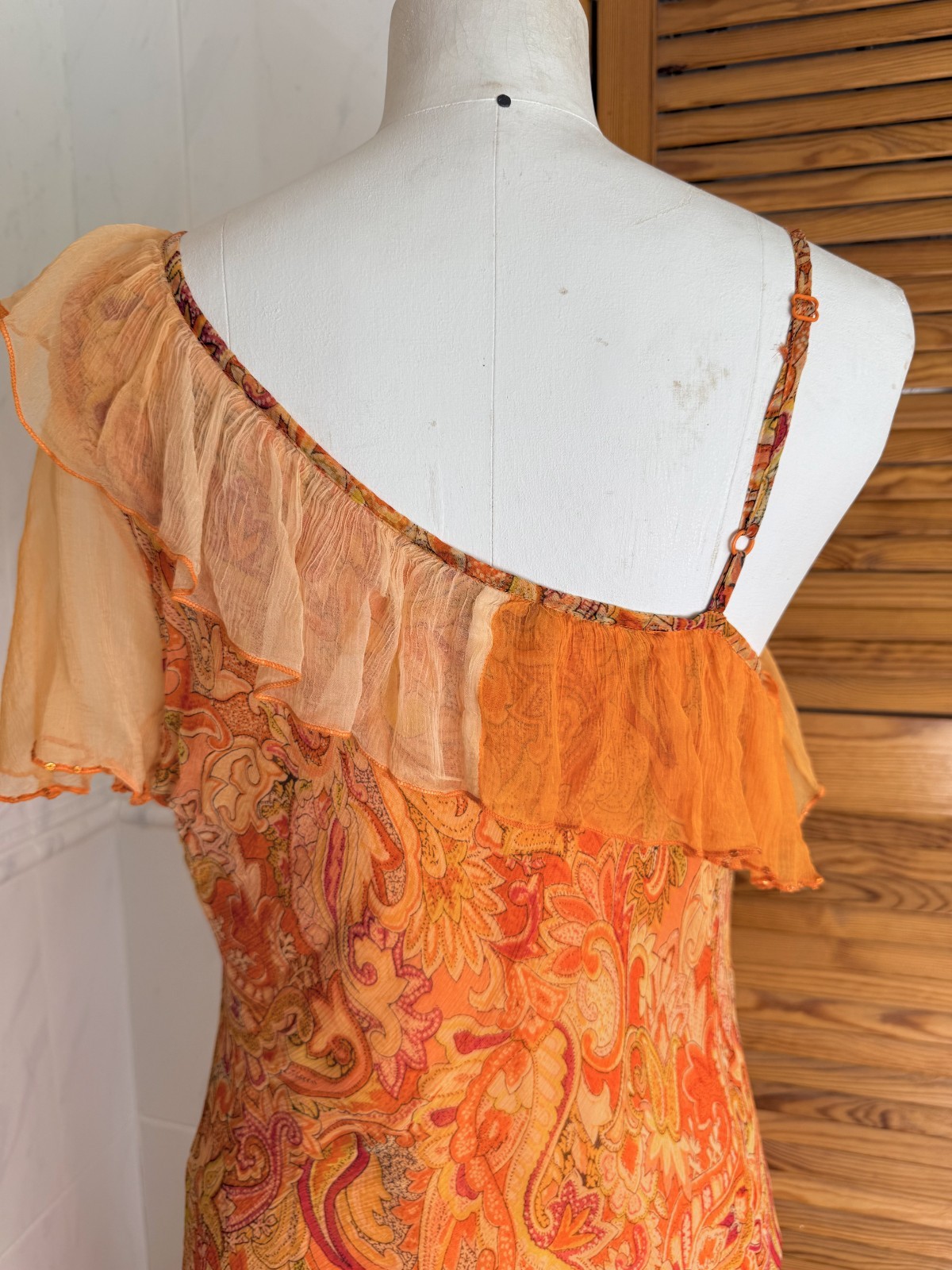 French Designer Orange Paisley Floral Appliqué Dress T2