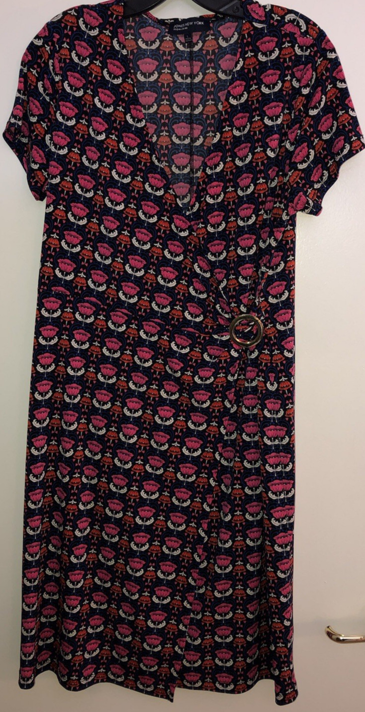 JONES NEW YORK Navy Red Pink Cap Sleeve Stretch Dress Wrap Style V-Neck Sz L
