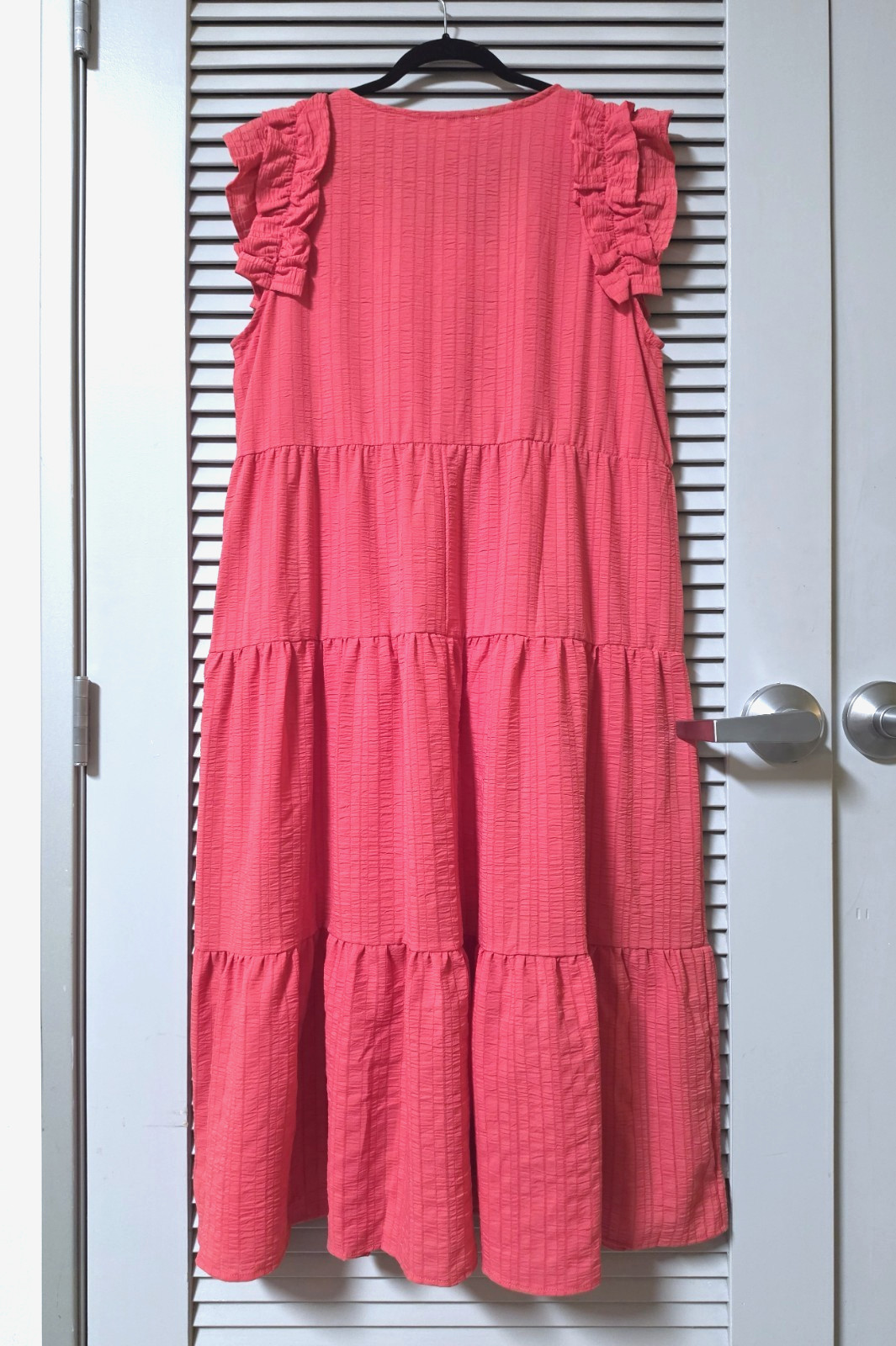 coral pink stripe texture ruffle slev tiered long dress L