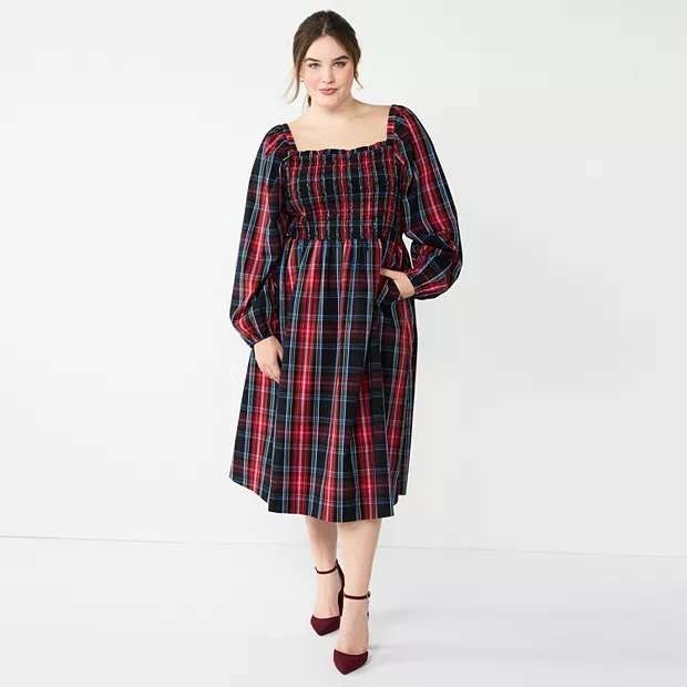 Draper James RSVP Midi Dress 2X Red Tartan Plaid Smocked Square Neck Long Sleeve