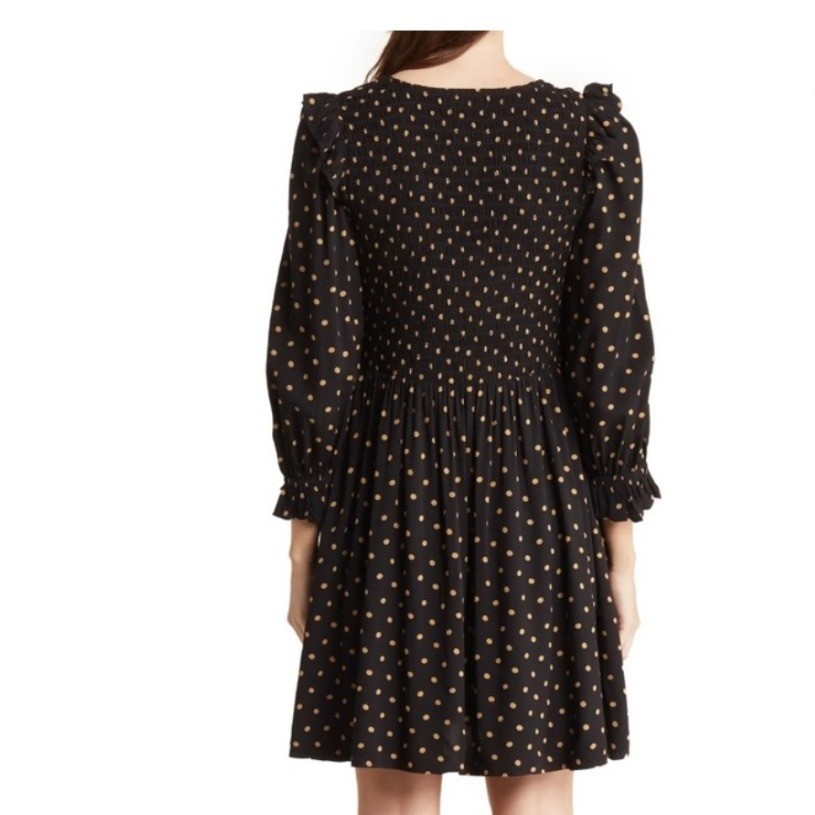 Madewell Smocked Ruffle Shoulder Mini Dress Black Gold Polka Dot Viscose Small