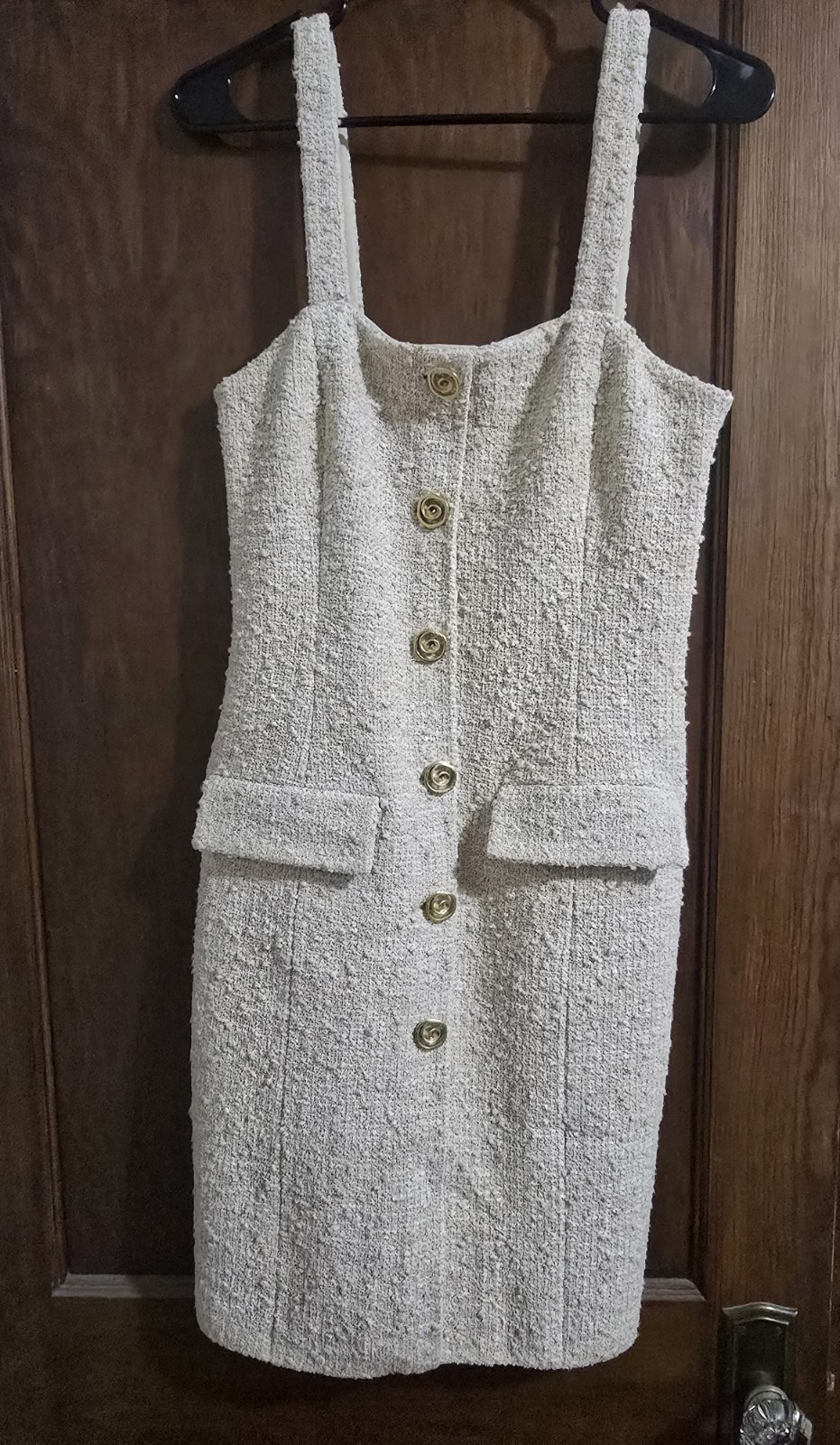 St. John Tweed Sleeveless Square Neck Dress w/ Buttons Pockets Knee 6 K1180B1