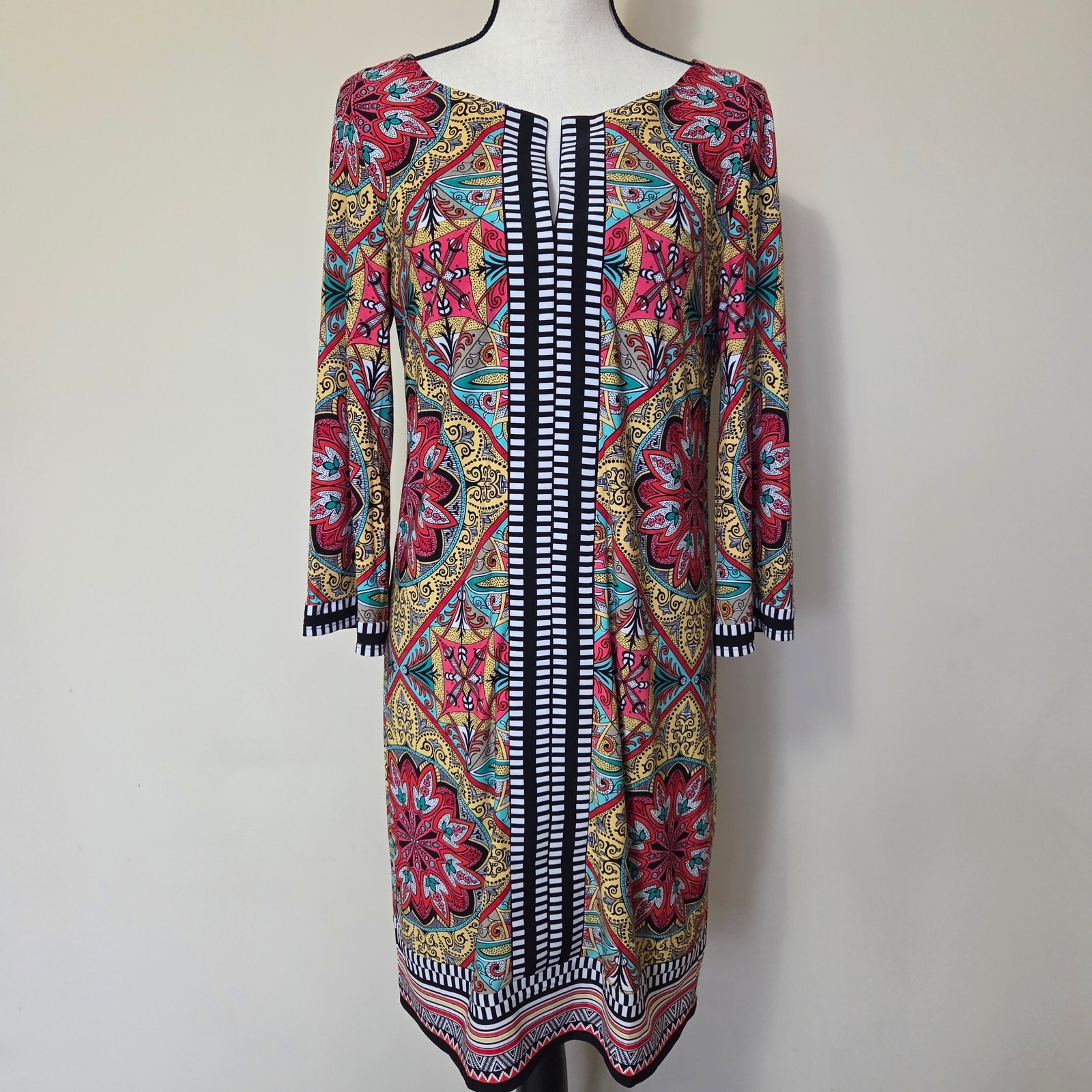 Laundry By Shelli Segal 8 Vibrant Lined Shift Dress Tunic 3/4 Bell Sleeve