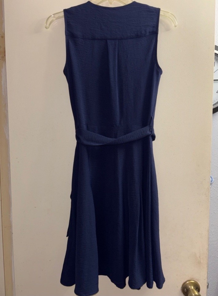 DKNY Navy Sleeveless V-Neck Button Front Belted Pocket Midi Shirt Dress 2