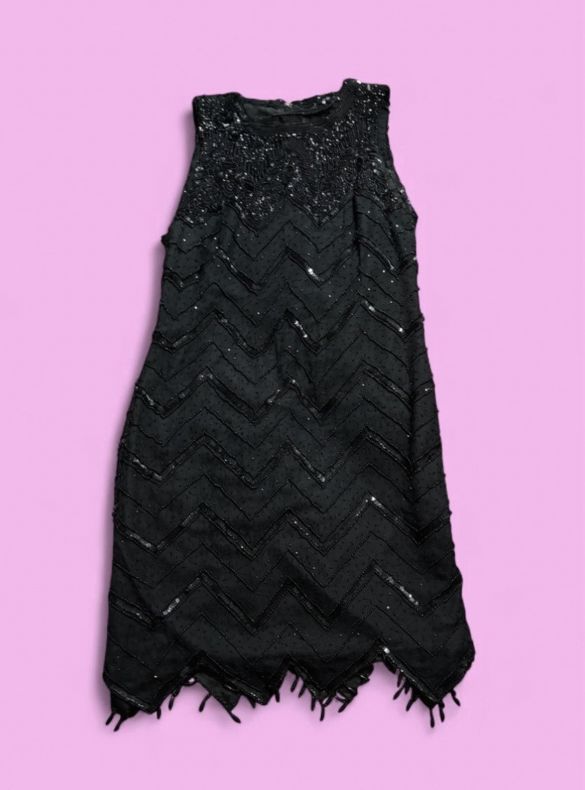 Stunning Black Beaded Sequin Art Deco Style Shift Dress Sleeveless Vintage