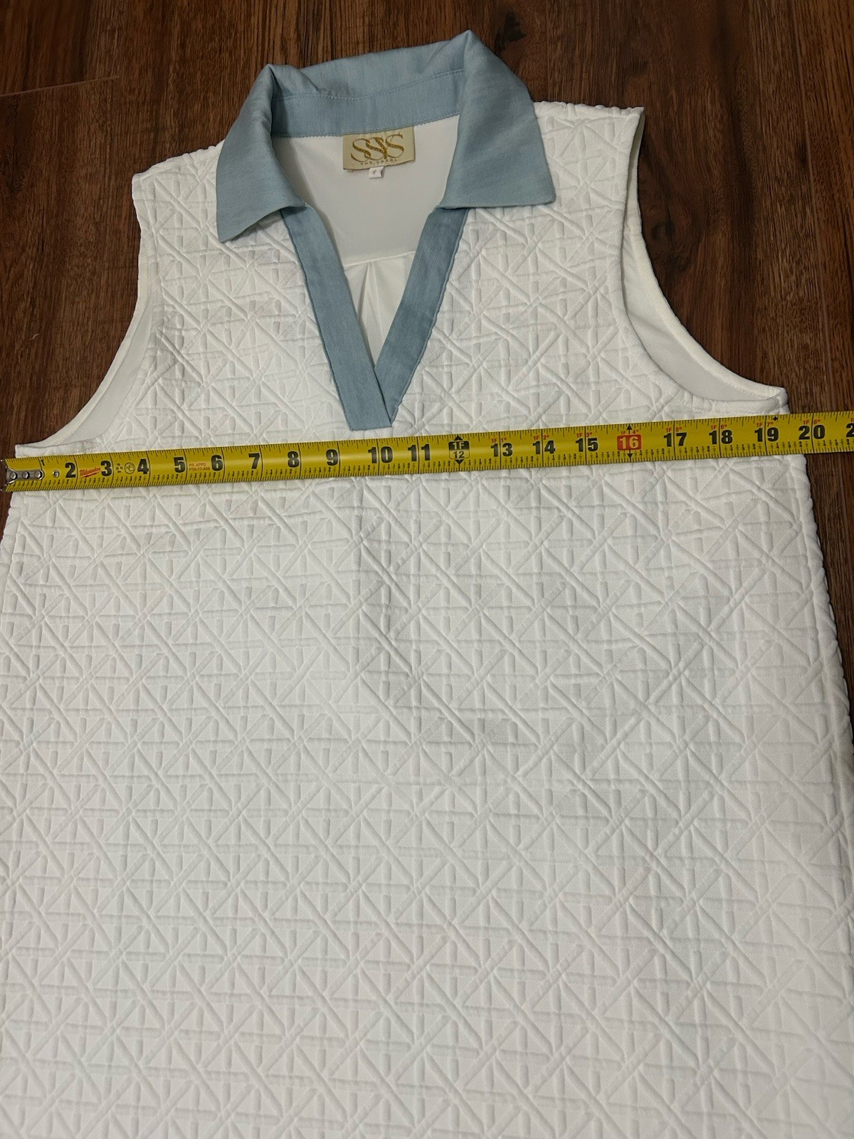 SSYS The Label White Blue Textured Collared Shift Dress Ruffle Hem Sleeveless S