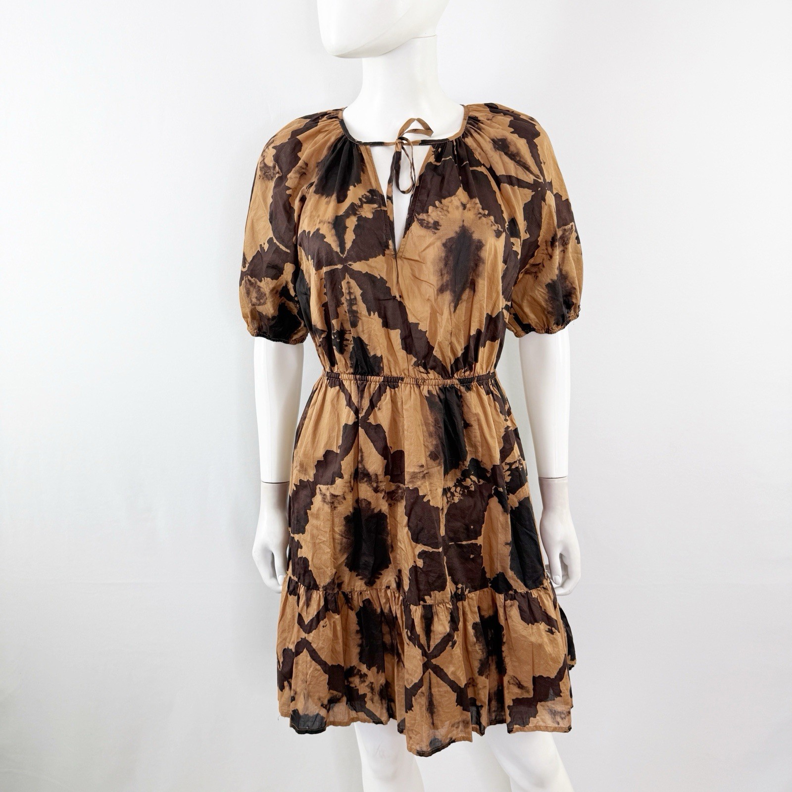 Rails Brown Tigers Eye AMABELLA Mini Dress Size S Puff Sleeve Elastic Waist Boho
