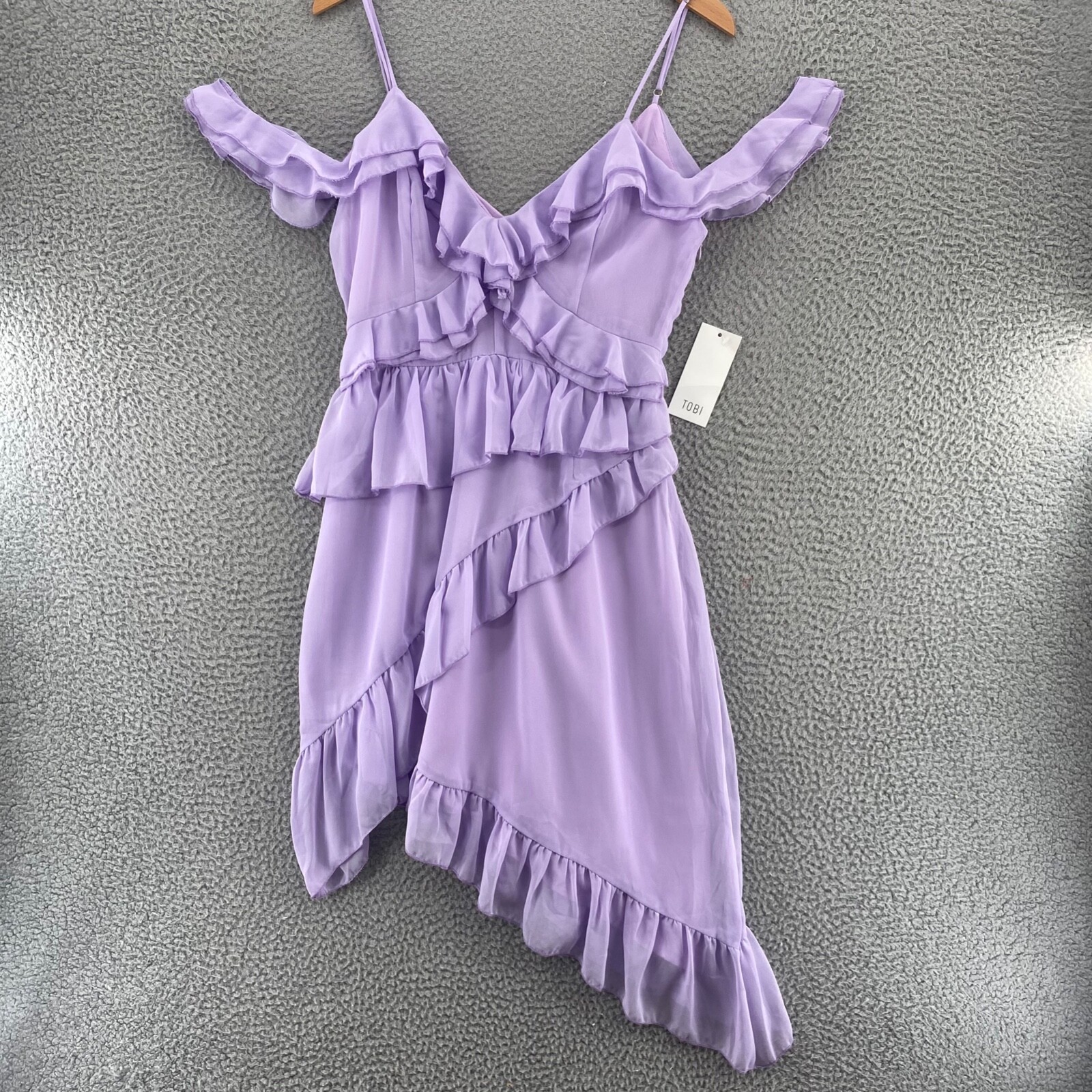 TOBI Dress Womens Medium Purple Ruffled Off Shoulder Asymmetric Hi Low Mini NWT