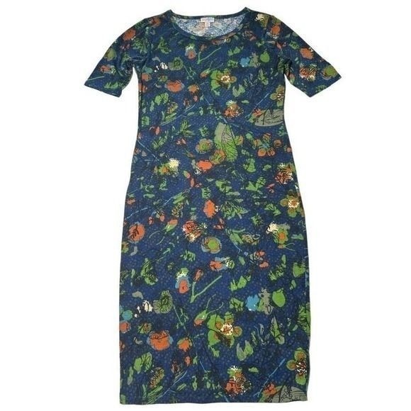 LuLaRoe Julia Dress Womens XS Blue Floral Leaf Print Short Sleeve Midi Sheath