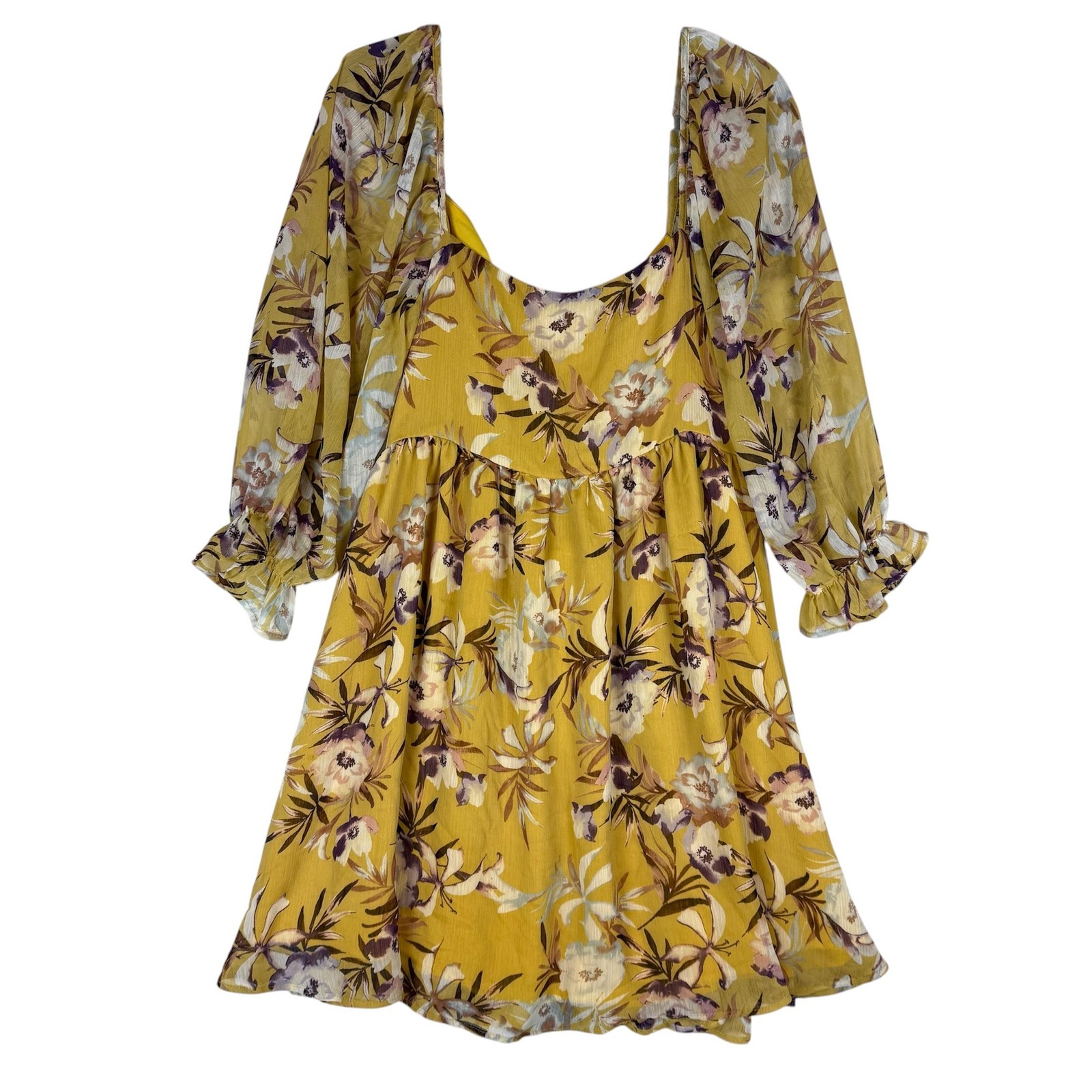 By Together Dress Womens Large Yellow Floral Long Sleeve Cutout Sundress Boho