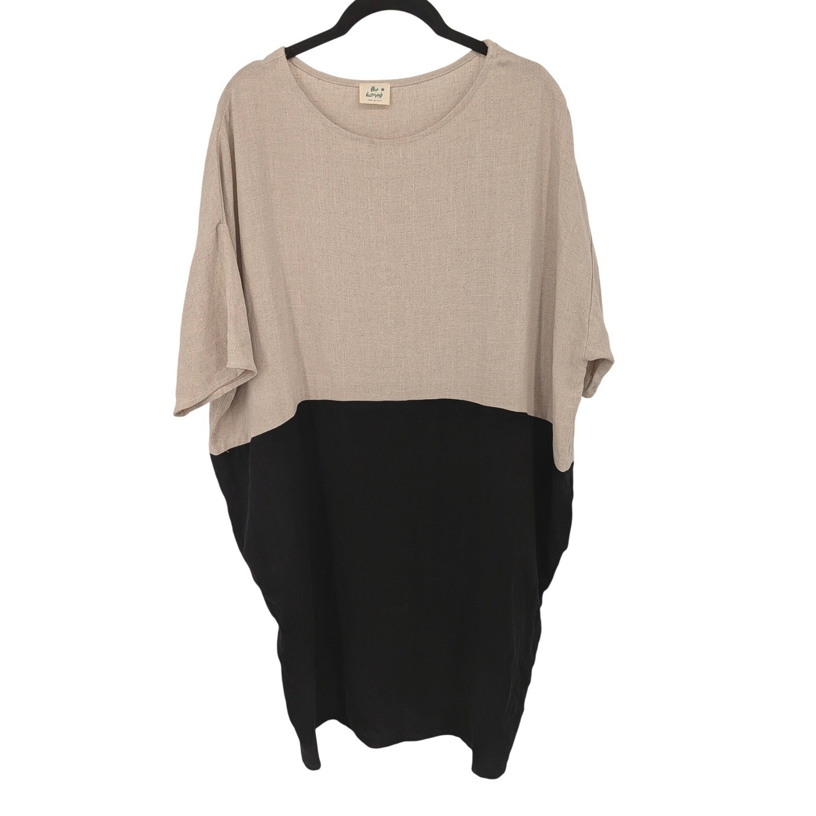 Blue Buttercup Oversize Tunic Dress Linen Blend Women Small Tan Black Colorblock