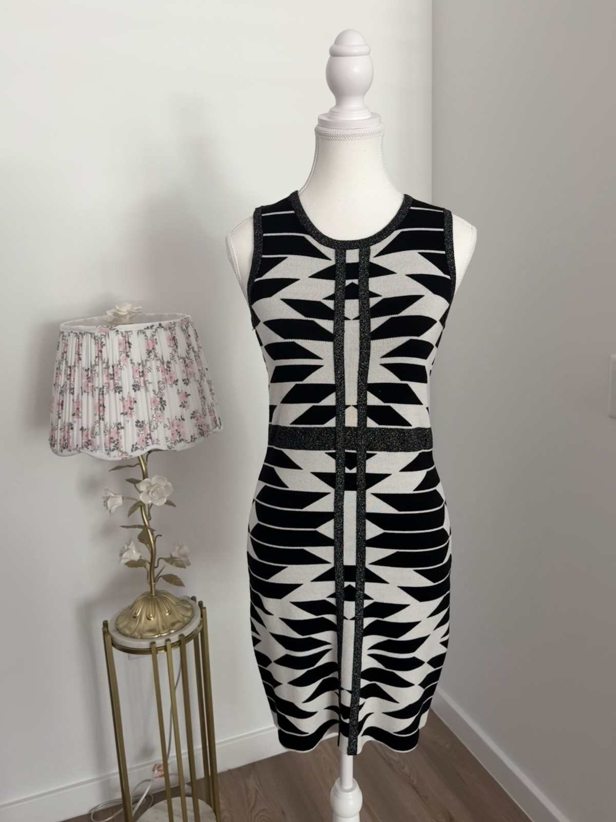 INC International Concepts Black White Geometric Knit Bodycon Dress Petite P/M