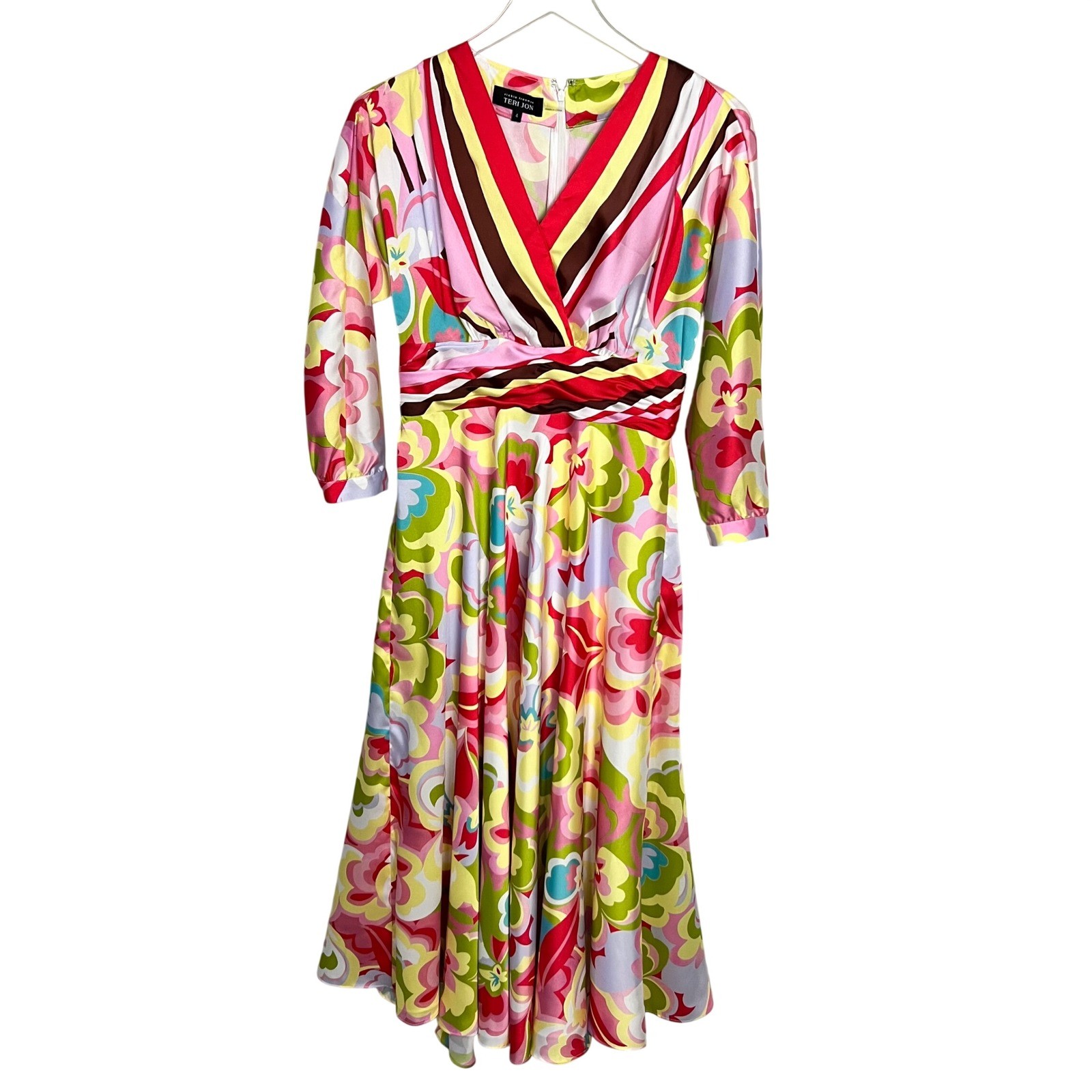 Teri Jon Rickie Freeman Pink Floral Psychedelic V-Neck Midi Dress Size 4