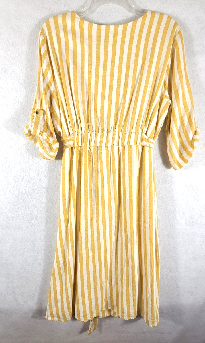Lily Black Wrap Dress Midi Yellow White Stripe Lined Button Womans Size Large