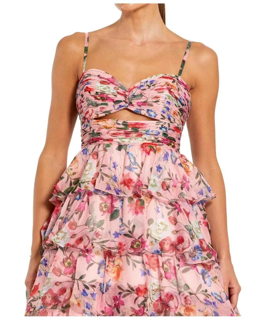 Mac Duggal Pink Multi Floral Cut Out Ruffle Layered Gown Size 6 $398
