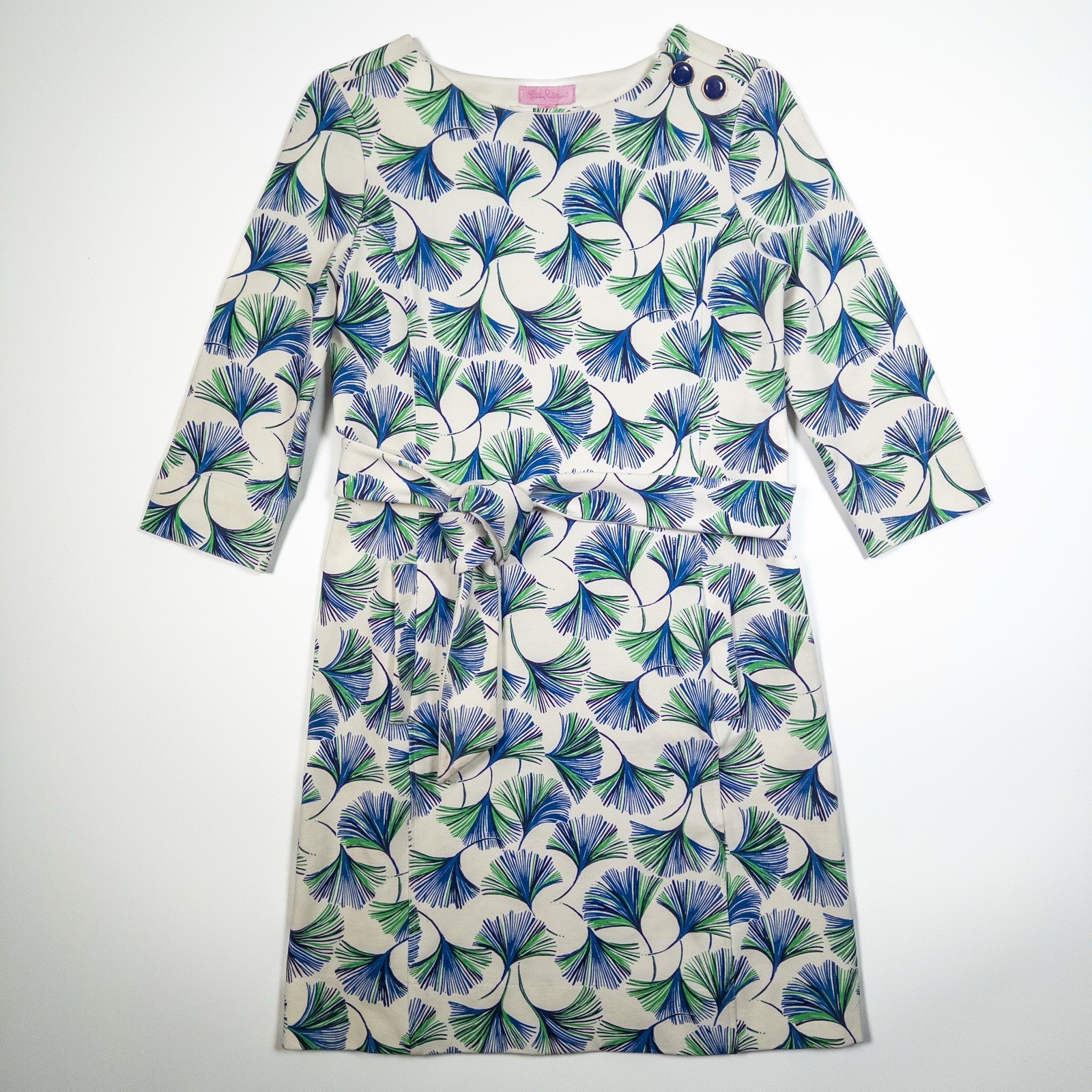 Lilly Pulitzer Shift Dress Ginkgo Print White Blue Green Belted 3/4 Sleeve XS