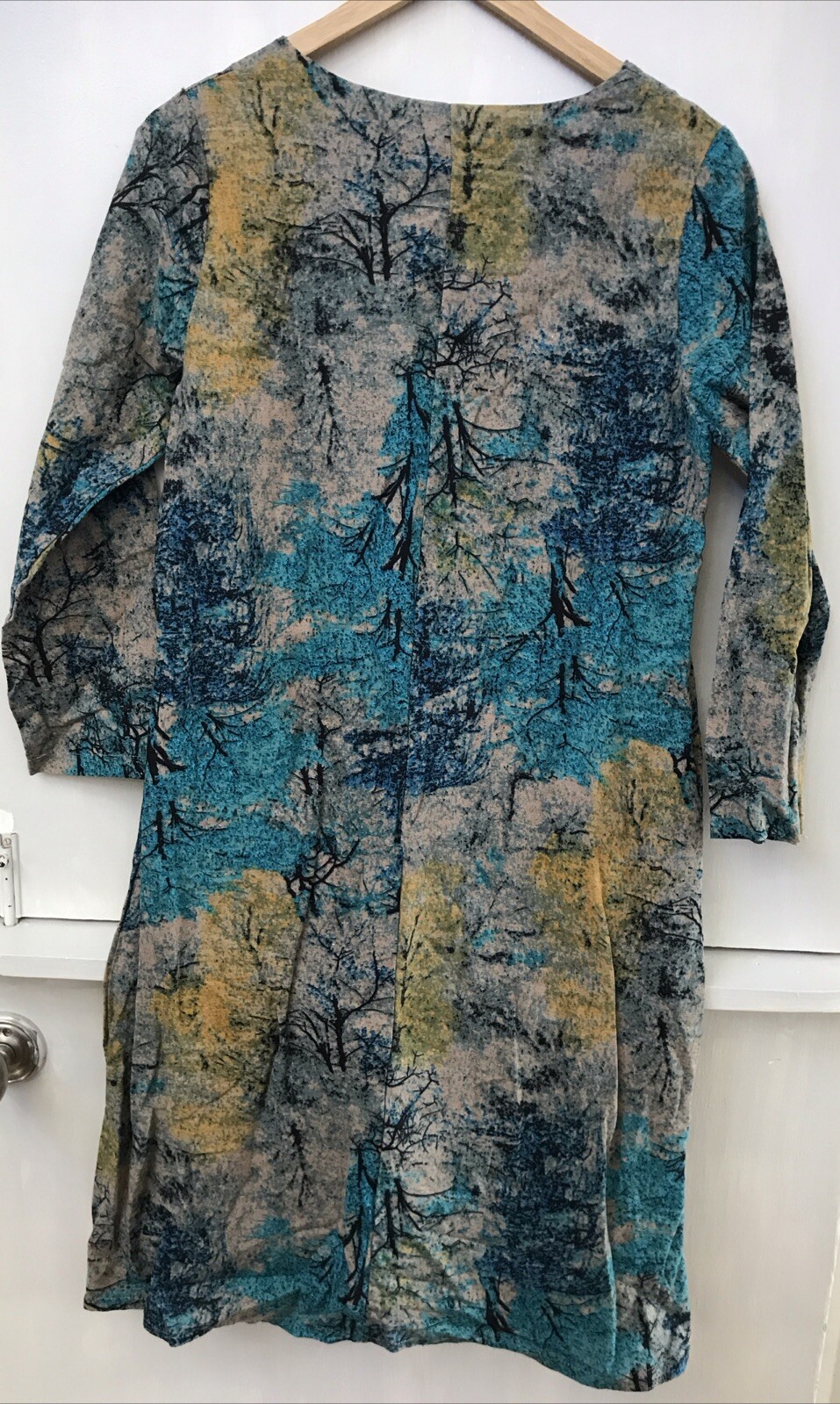 YJYL Womens Green Multicolor Tree Print Shift Dress 3/4 Sleeve Size M Medium