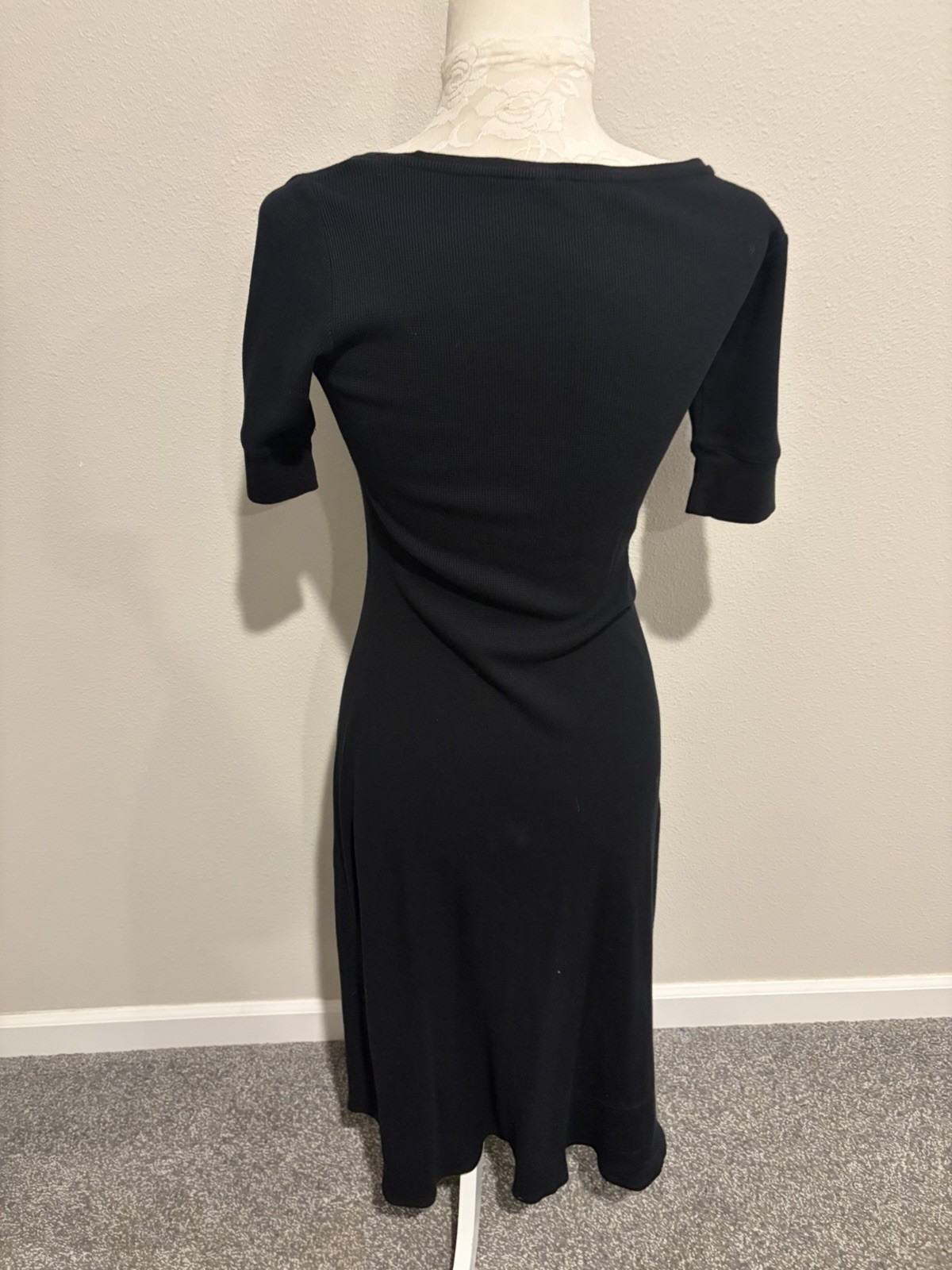 Lauren Ralph Lauren Black Cotton Waffle Knit Midi Dress ~XS~A-Line Short Sleeve