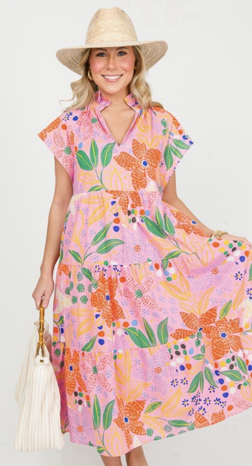 Pinch Women’s Pink Floral Midi Dress Size Large Colorful Tiered Boho