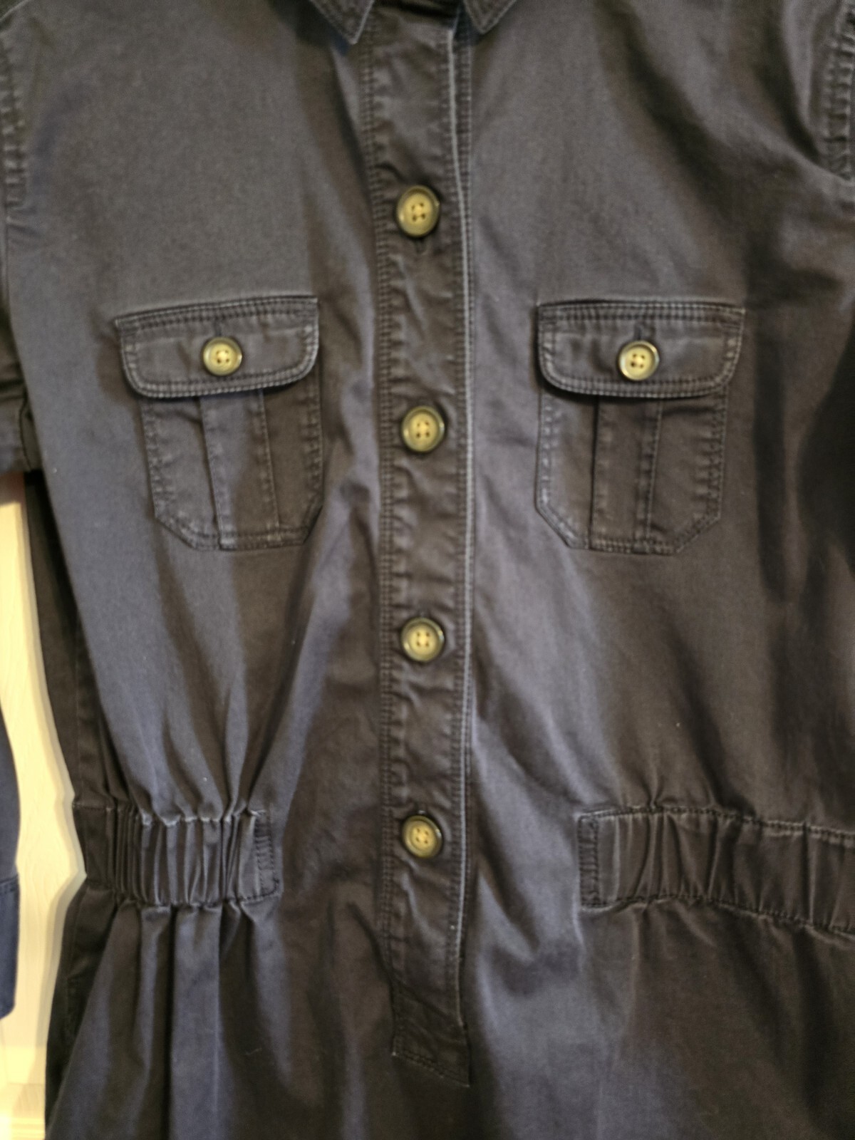 LOFT Navy Button Down Utility Dress XS Pockets & Rollable Sleeves Distressed