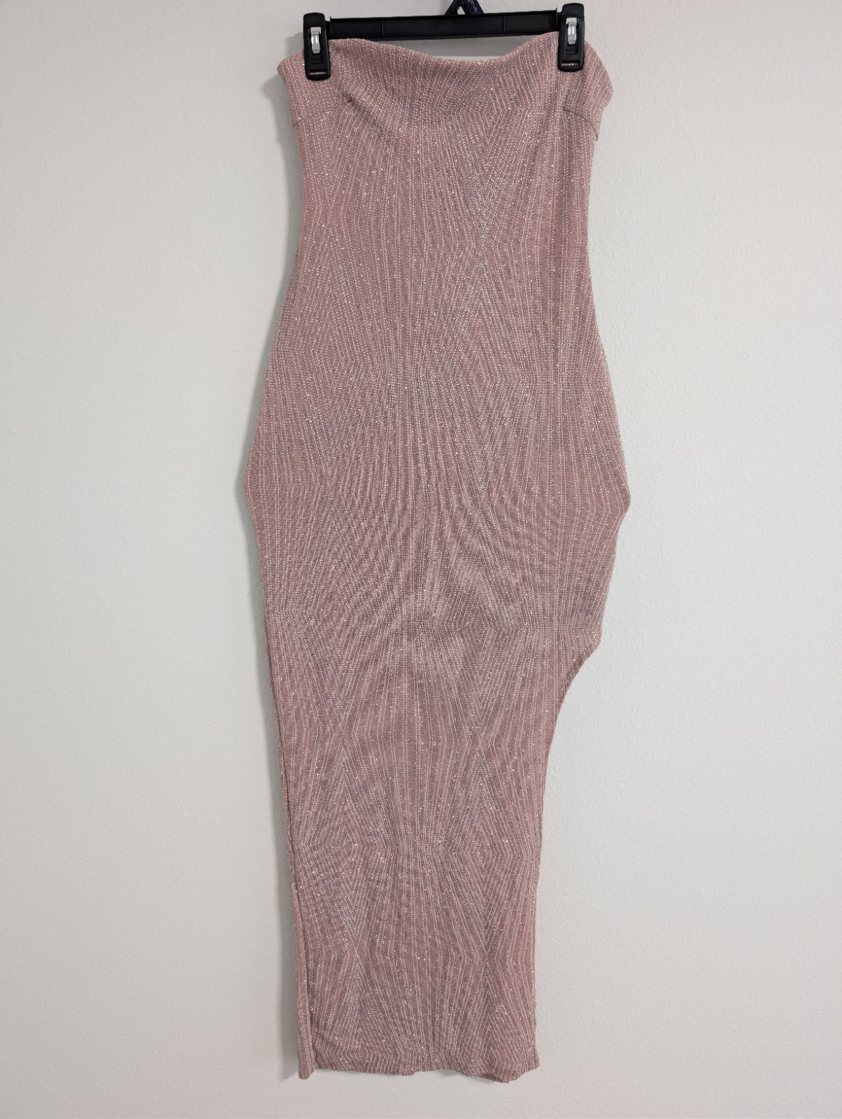 Pink Glitter Strapless Backless Long Bodycon Dress Side Slit Knit