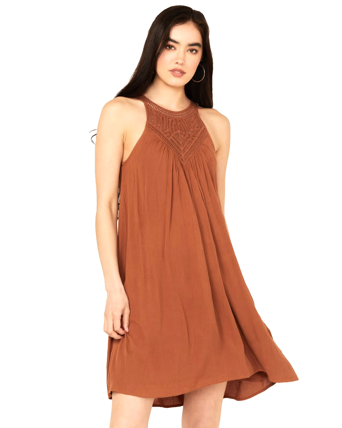 NEW SHYANNE Crochet Yoke Crinkle Mini Dress Women’s XXXL Brown Coachella Western