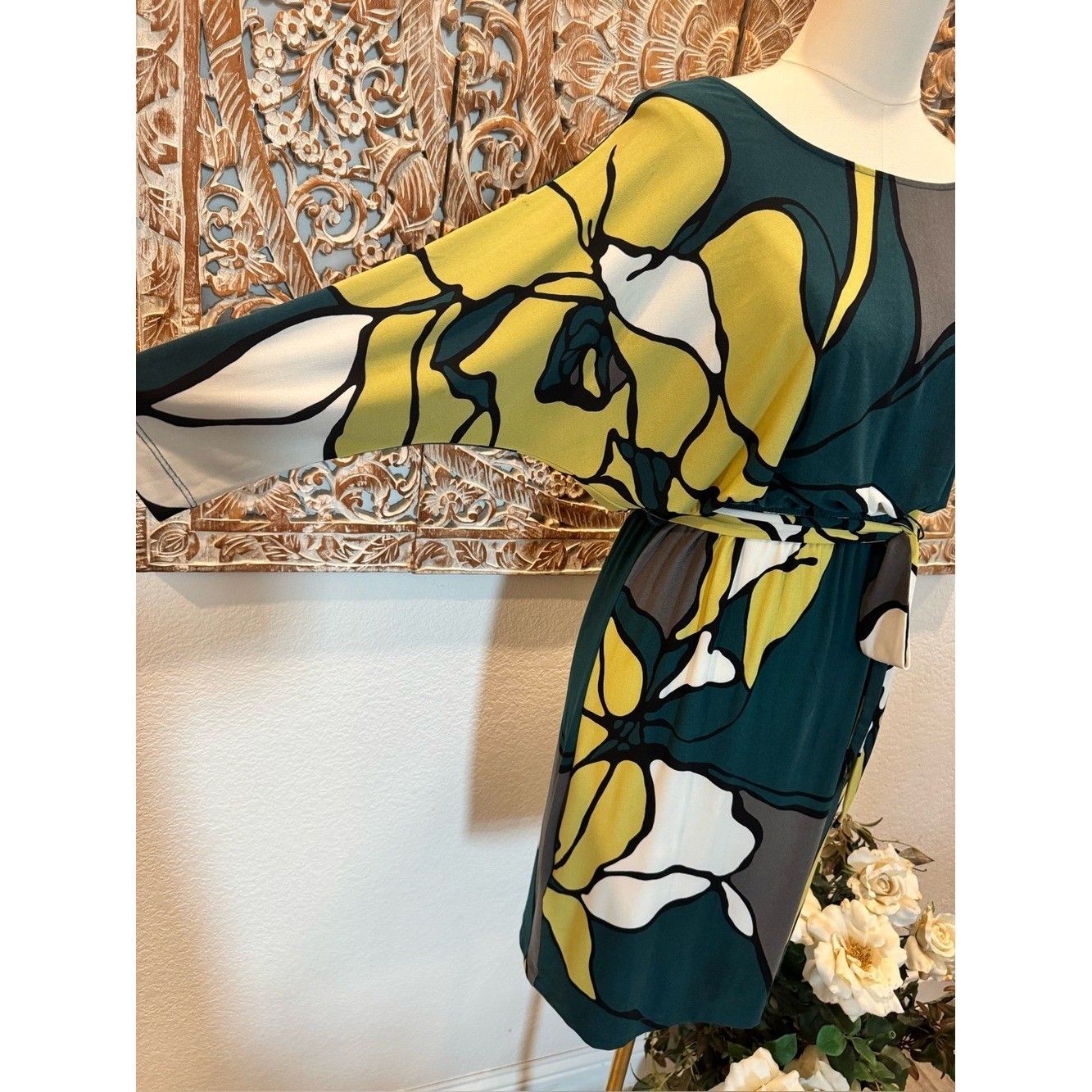 Max & Cleo Jersey Stretch Midi Dress Abstract Green Floral- size S