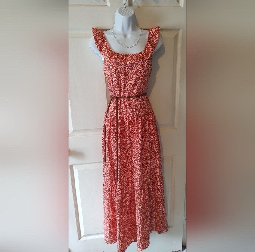 Ann Taylor Maxi Dress, Size M, Red Pink White Floral, Square Neck, Ruffle