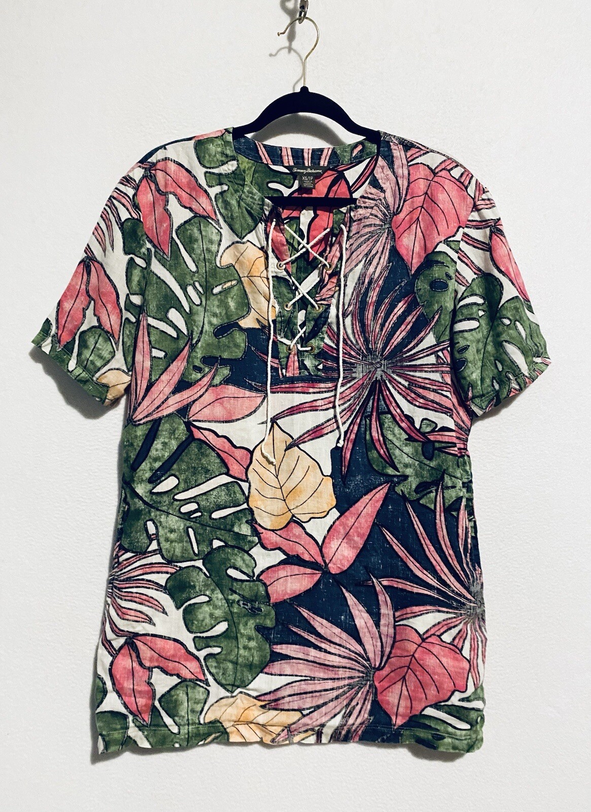 Tommy Bahama Dress Womens XS Remy Retro Linen Lace Up Tropical Pockets Boho