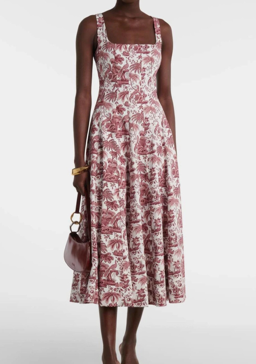 STAUD wells burgundy & white toile pattern sleeveless midi dress sz US4 AU8 euc