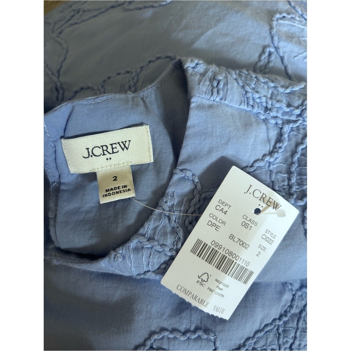 J.Crew Factory Light Blue Floral Embroidered Puff Sleeve Muni Dress Size 2