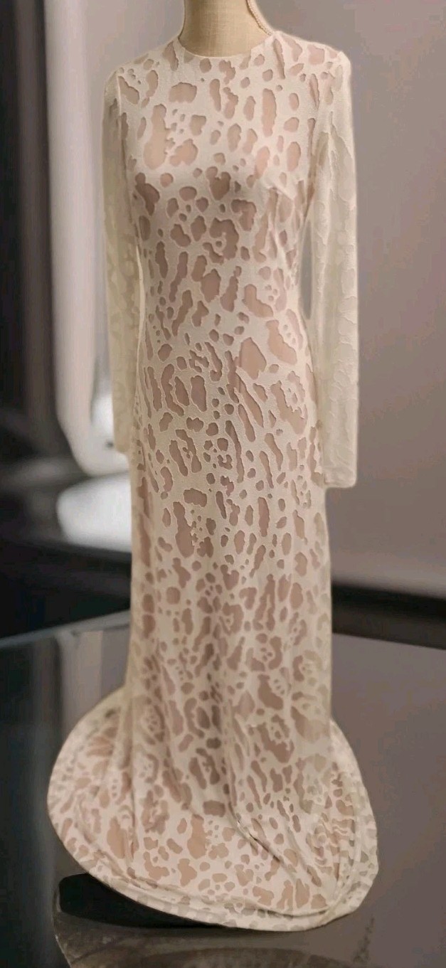 New Gown Halston Sz6 Adele Long Sleeve White Leopard Sheer Fit Flare Note Nwot