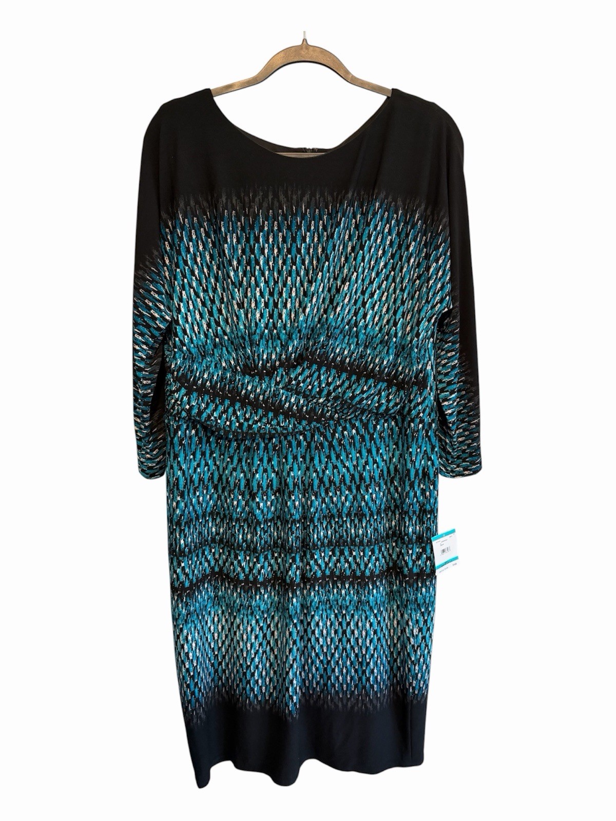 Aqua Geometric Sheath Dress Black/Blue/Green 3/4 Sleeve Scoop Neck 16