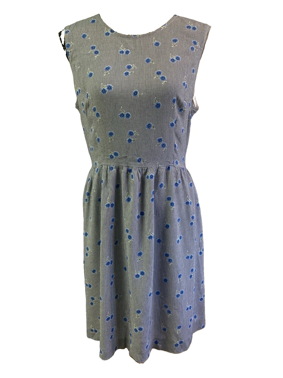VTG 80s Expo Sleeveless Summer Dress Houndstooth Blue Daisy Print Modern 10